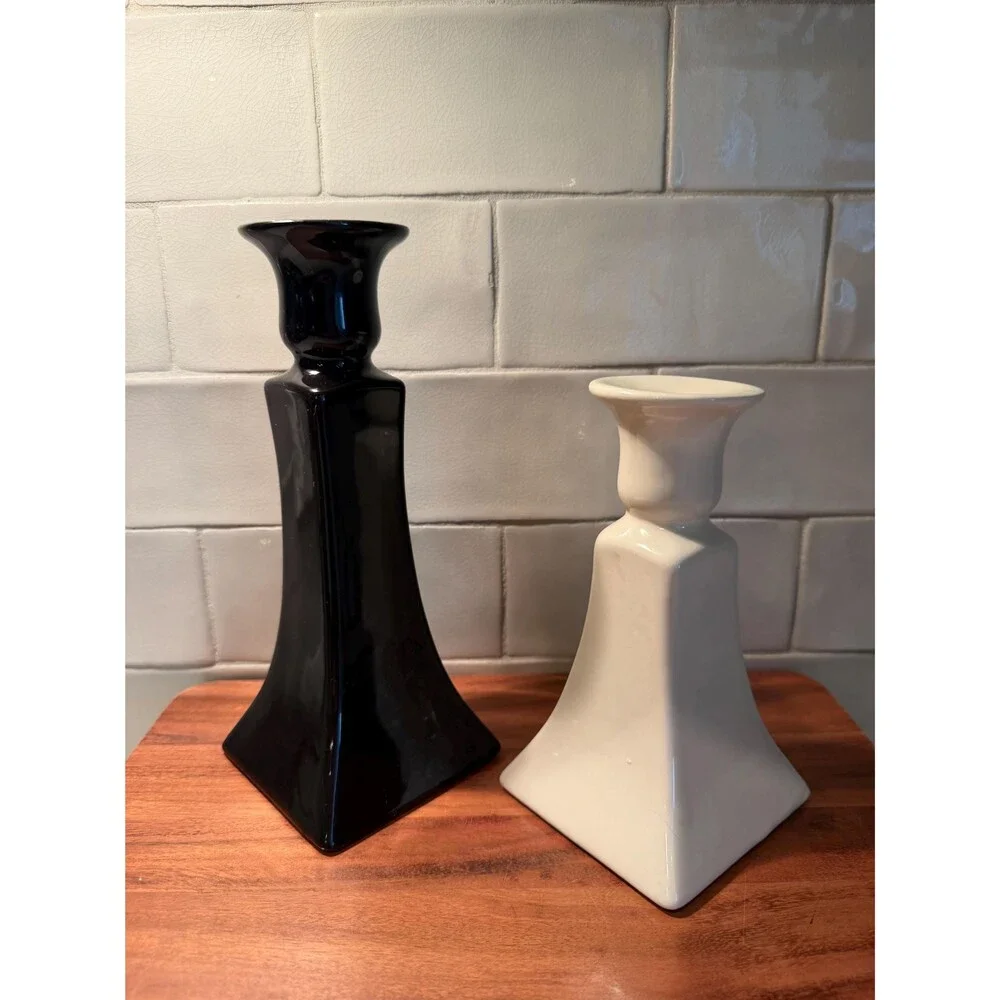 Vintage Royal Haeger Candlestick Holders Set Black and Cream Ceramic
